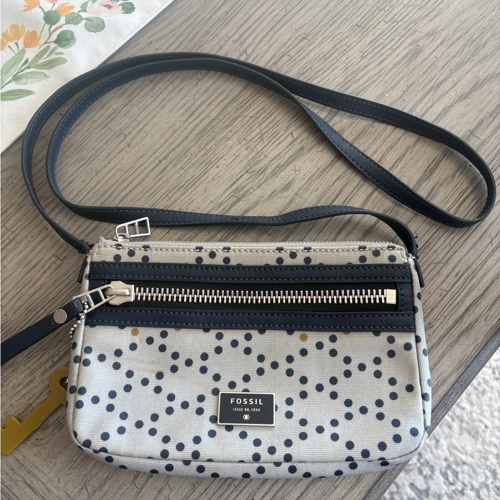 Fossil Cream Crossbody with Navy Polka Dots